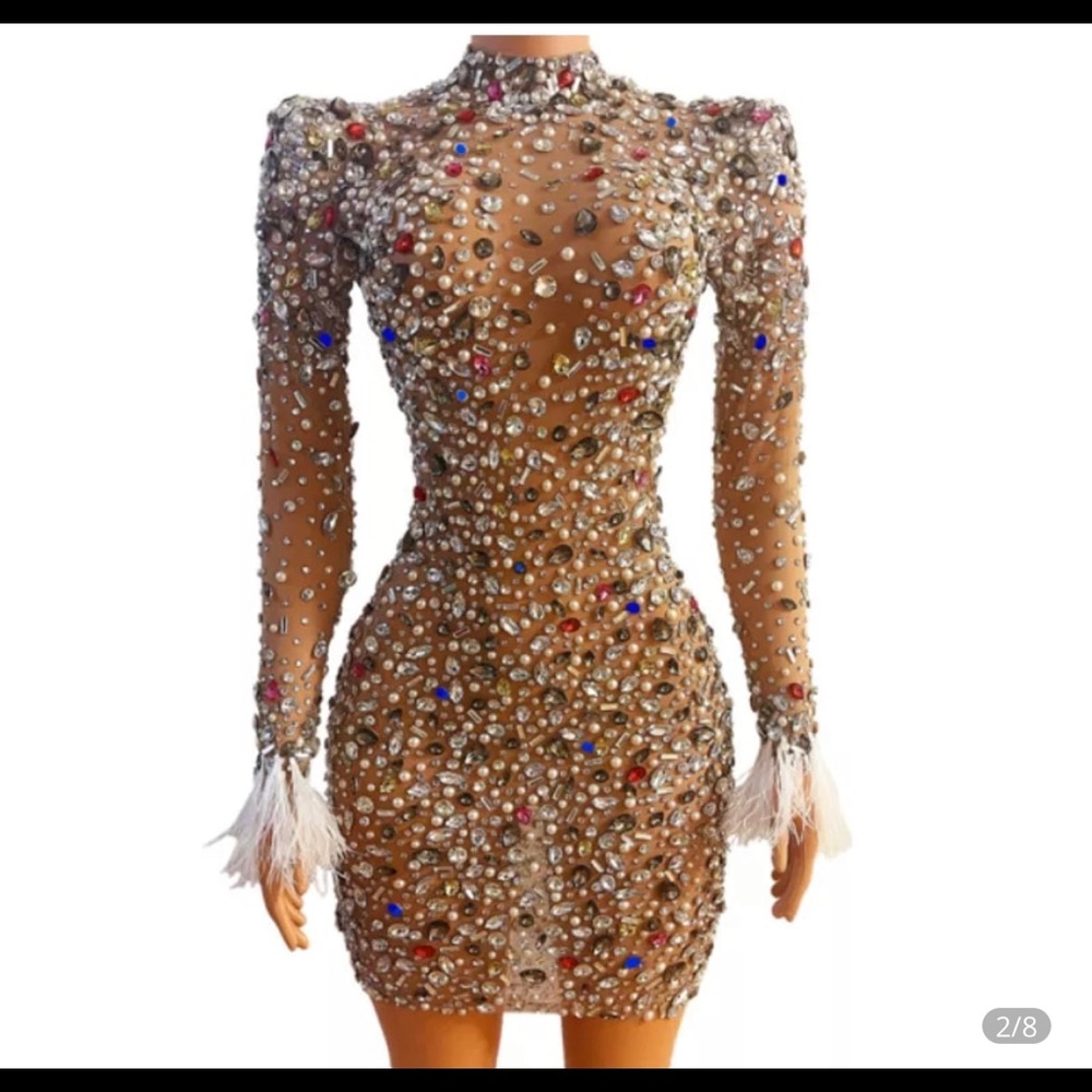 Sexy Multicolor Rhinestone dress with  Feather Sleeves